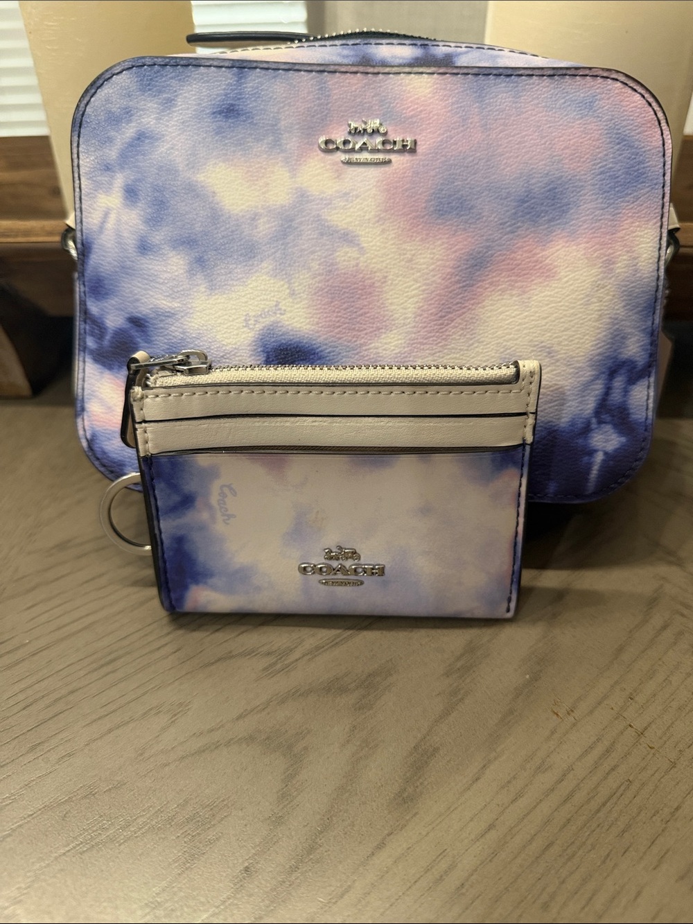 Coach C4218 Mini Camera Bag Purple Pink Blue Tie Dye with matching card holder